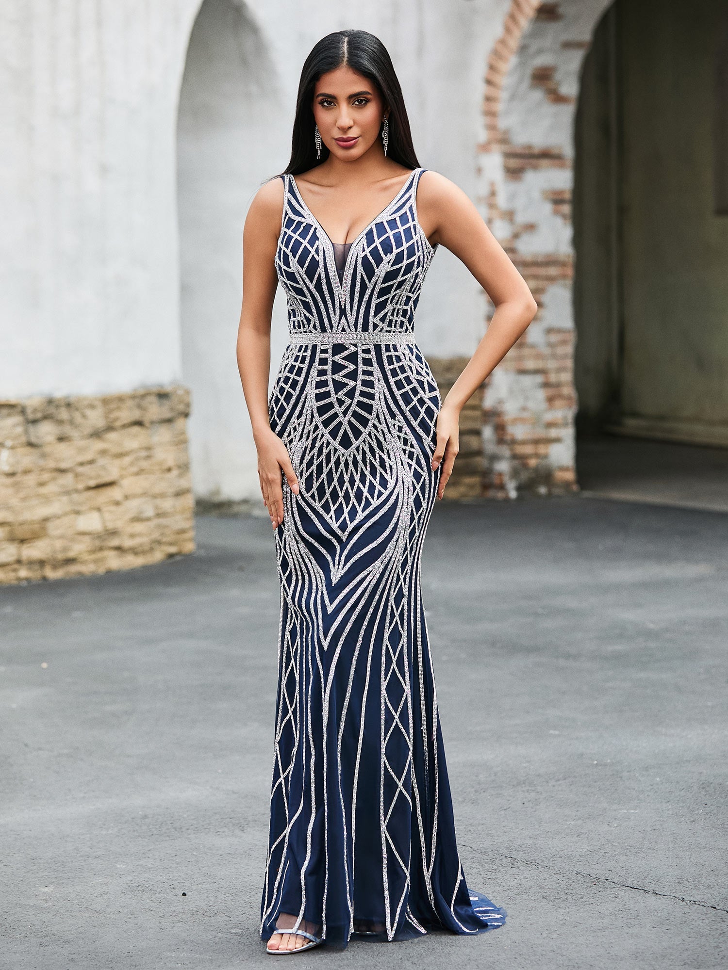 V-Ausschnitt Diamantmuster Maxi Kleid Dunkelmarine